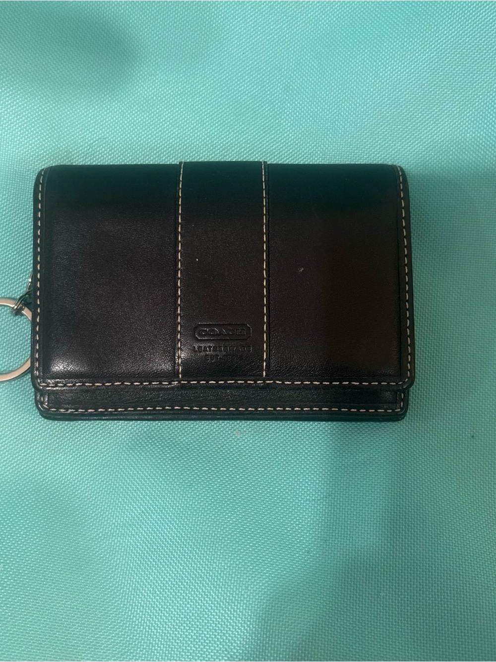 #47 Coach Vintage Black Leather Key Card Holder with Contrast Stitching Wallet